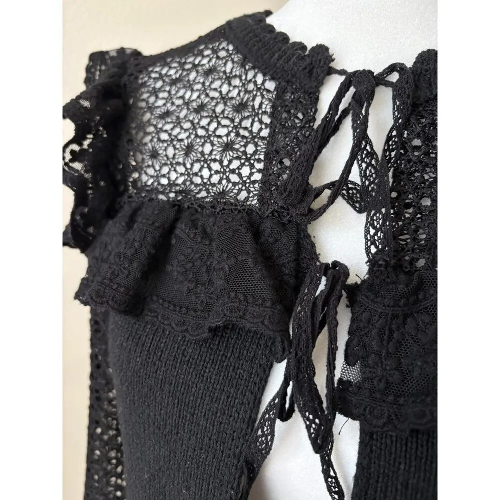 Zara Black Lace Tie Front Ruffle Cropped Combination Cardigan S